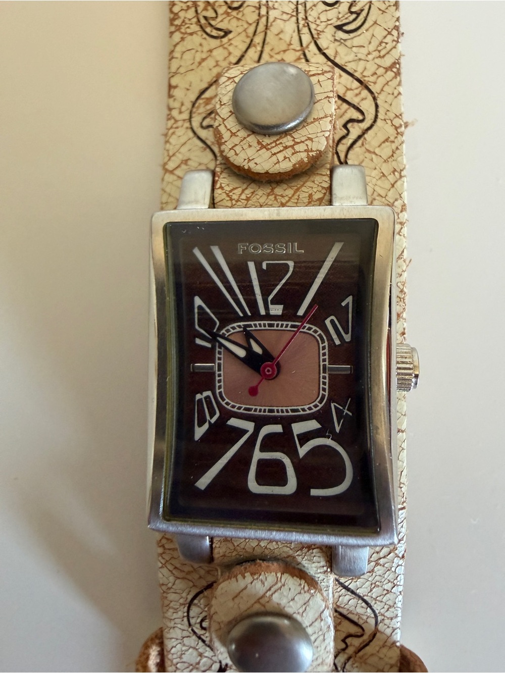 Vintage Fossil Rectangular Dial Leather Cuff Watch - Cream & Brown - Picture 6 of 6